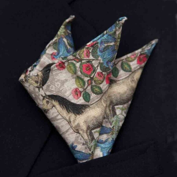 Hand Stitched European Linen Pocket Square Horses Floral Tan Red Blue Men's - Picture 2 of 4